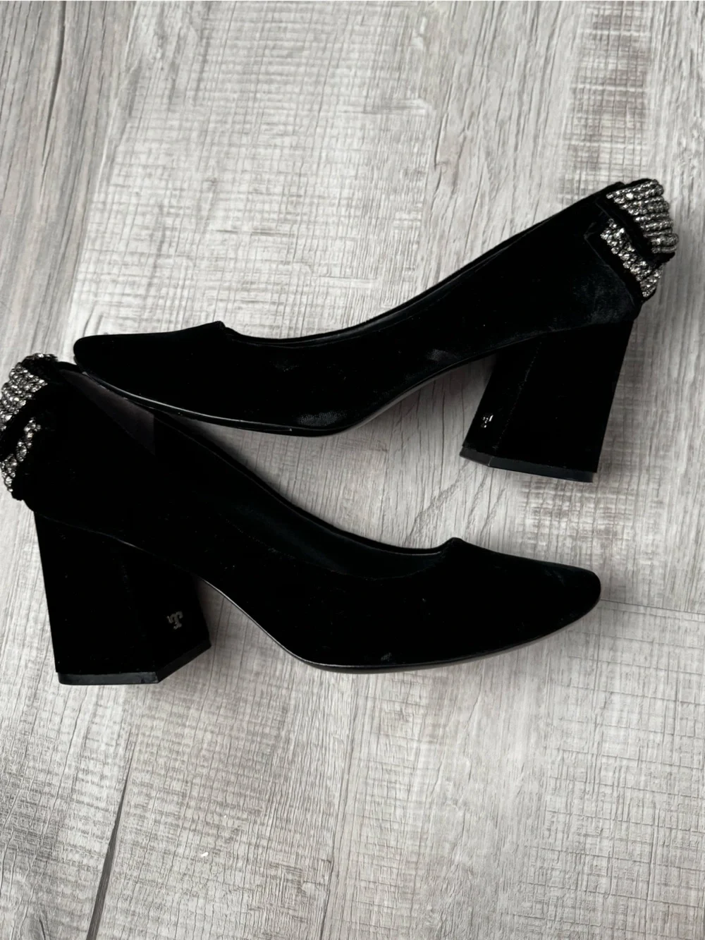 Tory Burch Black Velvet Block Heel Pumps with Crystal Embellishment